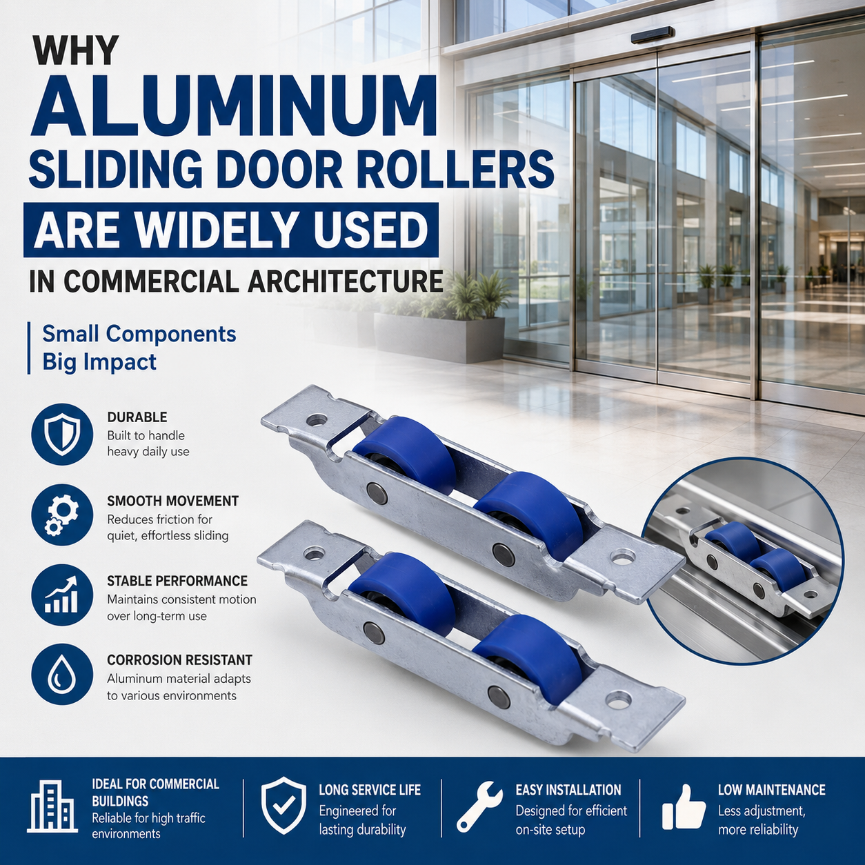  Hvorfor skyvedørsruller i aluminium er mye brukt i kommersiell arkitektur